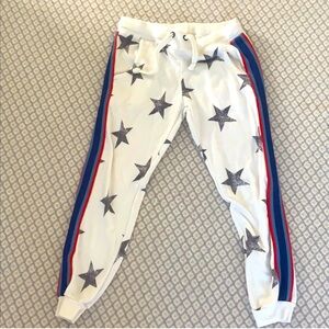 Vintage Havana White Star Print Track Joggers with Red & Blue Side Stripes